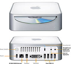 Операционная система: Mac OS X 10.6.8 (Snow Leopard).Mac mini собираются на платформе Intel с использованием двухъядерных процессоров и встроенной графики. Объем оперативной памяти лимитирован 2 ГБ, а жесткого диска – 160 ГБ. Продукт комплектуется оптическим приводом, четырьмя USB, разъемом для подключения к локальной сети, DVI, FireWire и S-video. Имеет относительно малые для устройств данного уровня размеры: квадратное со скругленными краями основание со стороной 16,5 см и 5,1-сантиметровую высоту, что практически идентично пяти сложенным одной стопкой коробкам от компакт-дисков.
